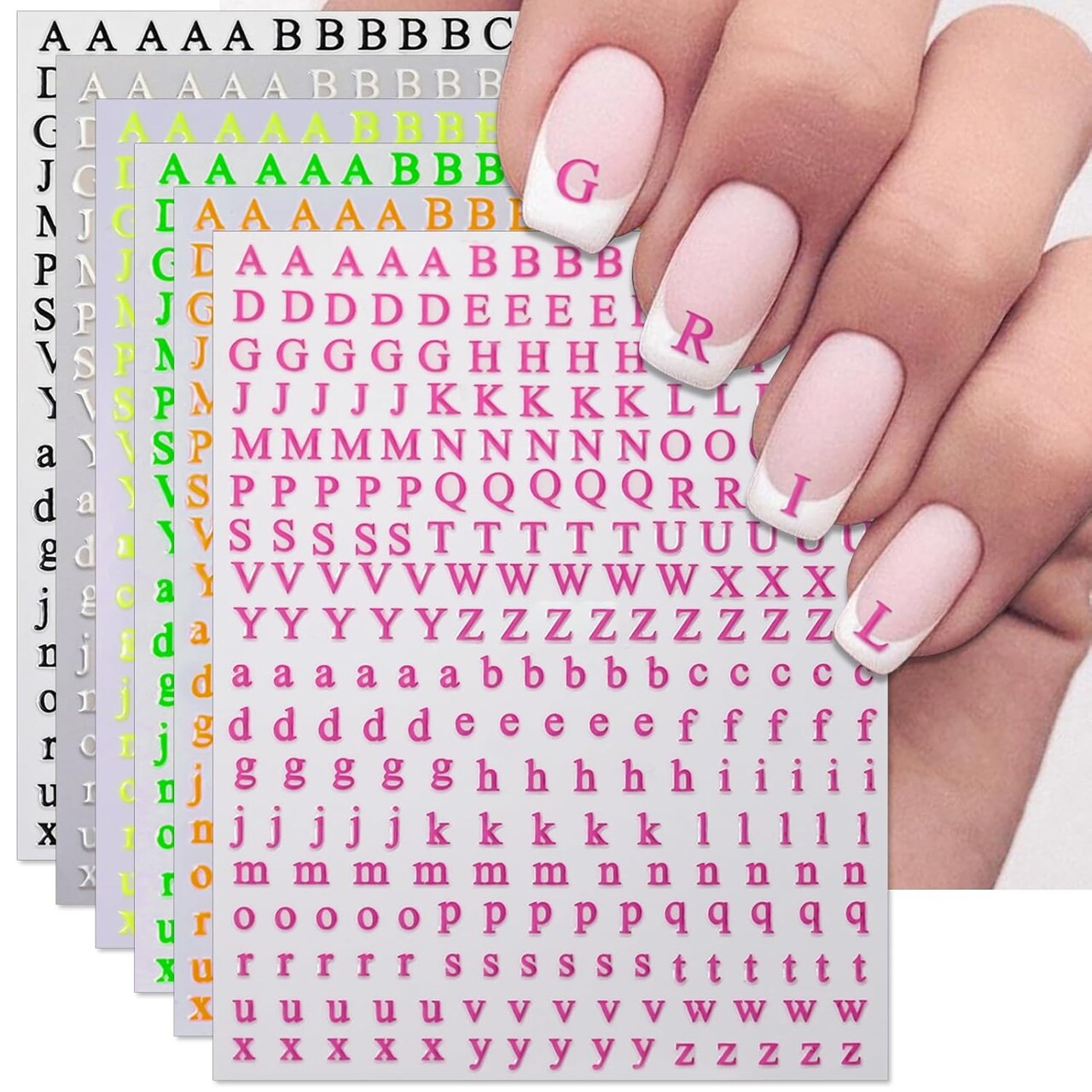 6 Sheets Holographic & Fluorescent Letter Nail Art Stickers, 3D English Alphabet Nail Decals, Glow-in-the-Dark Initial Nail Charms for DIY Acrylic & Gel Manicures